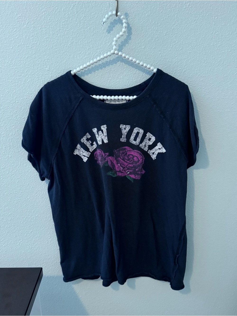 Free People Black 'New York' Tee with Red Rose Graphic